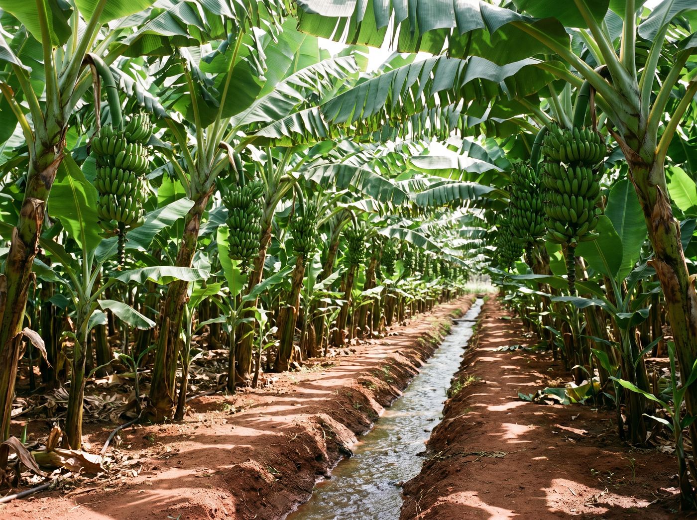 Rows of banana plants with hanging bunches