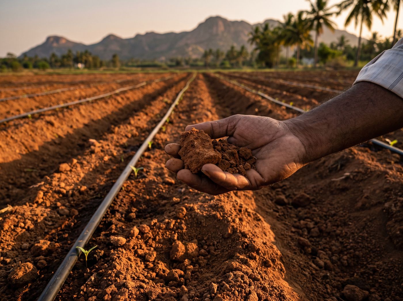 A farmer's hand holding red soil over a ploughed field with young seedlings