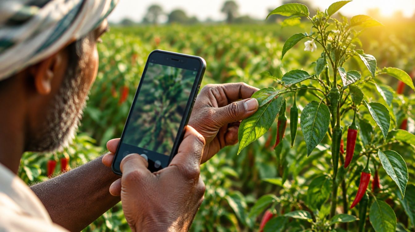 A farmer scanning a chilli leaf with the AgrowNex app